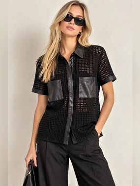 QUE Black Open-Knit Shirt w/ Leather-Look Trim & Patch Pockets – Size S
